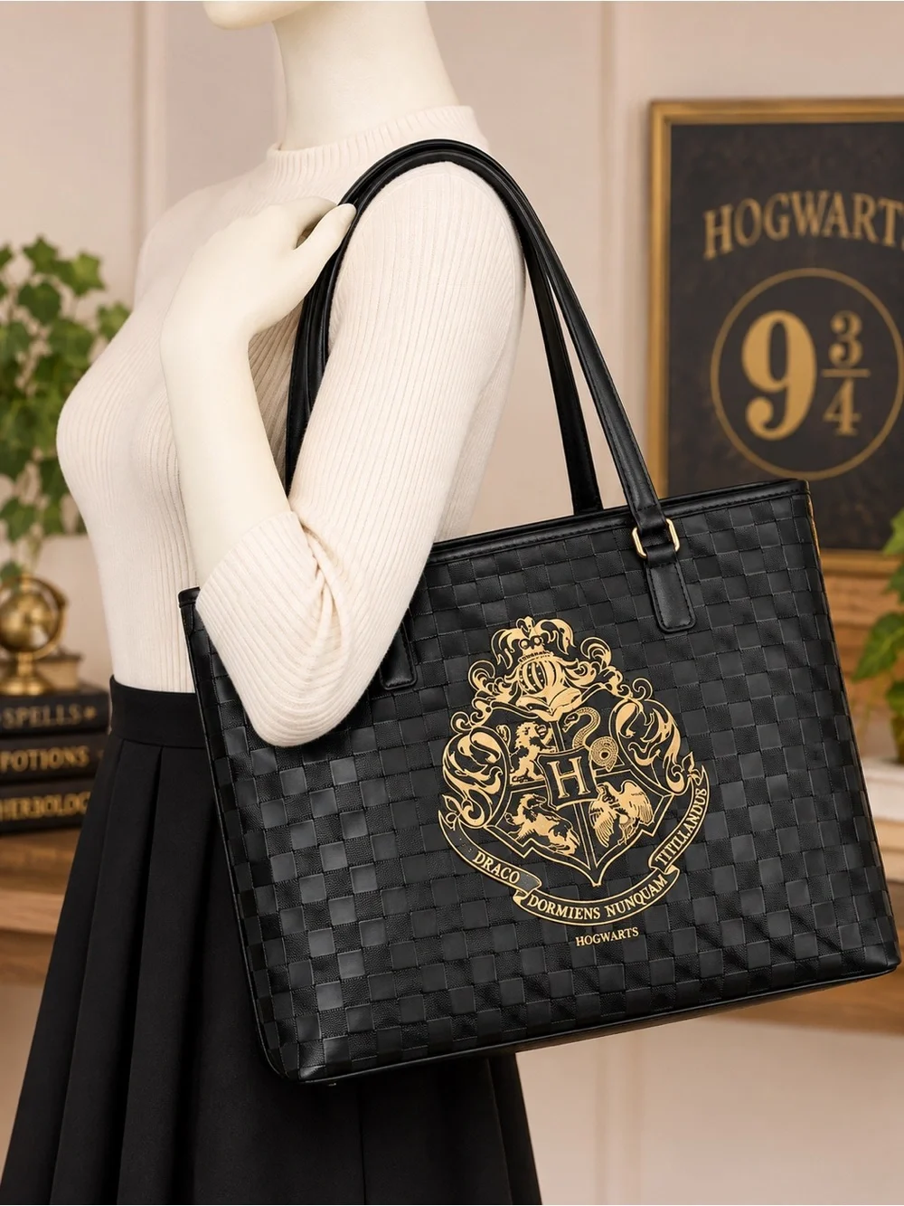 Harry Potter Hogwarts Crest Large Black and Gold Tote Bag